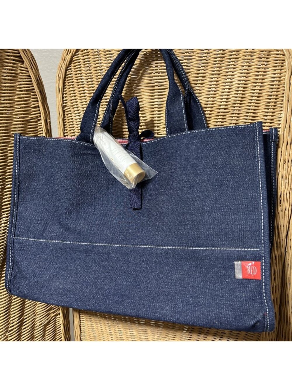 Red Perfume Body Moisturizer And Blue Denim Tote